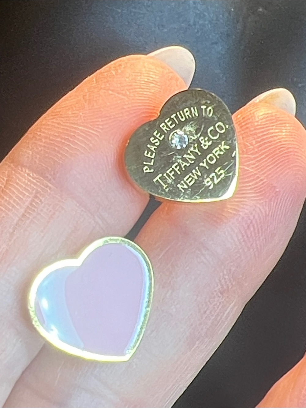 Heart Double Stud Earrings in Pink Enamel and Gold
